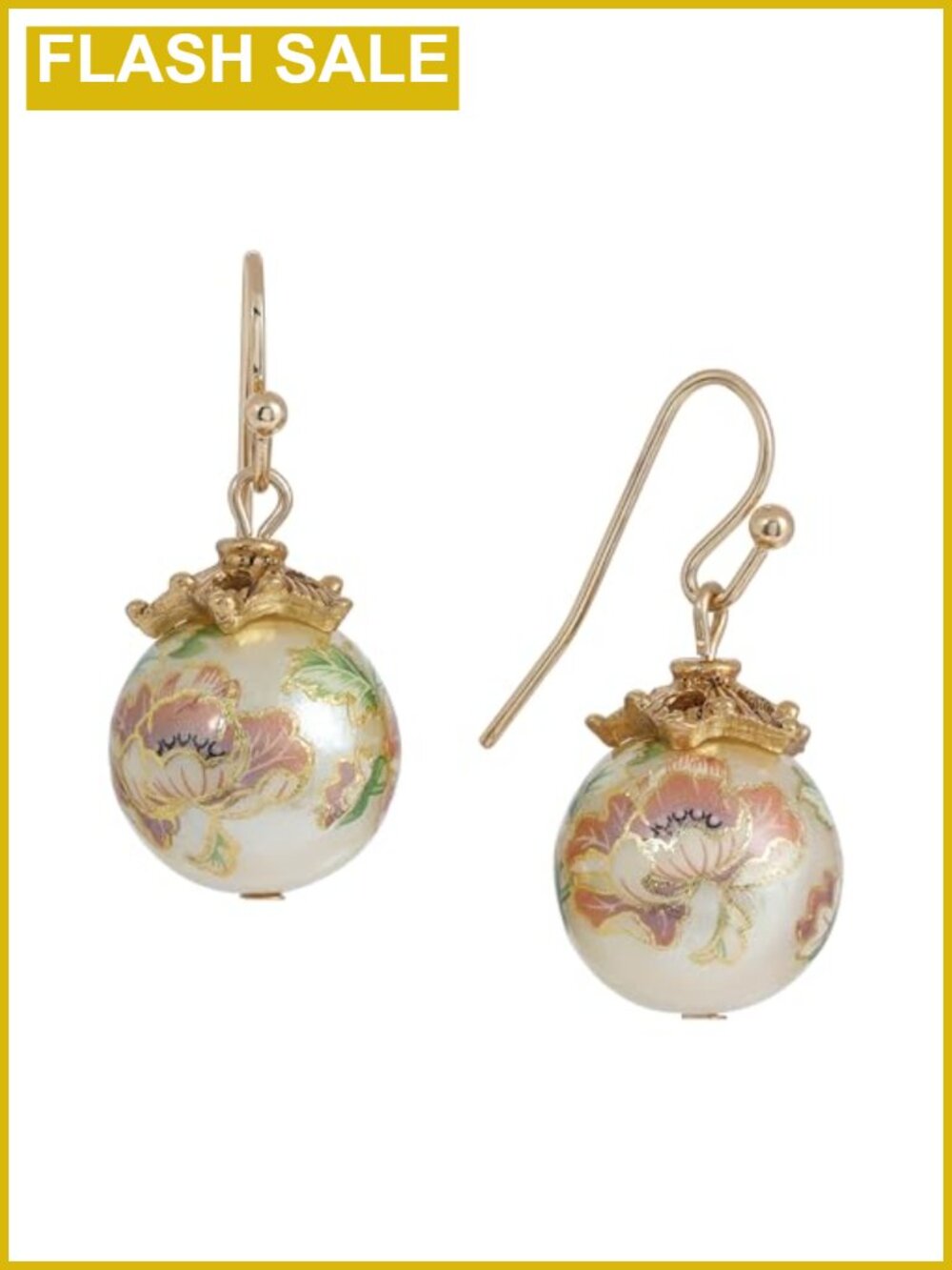 14K Gold Dipped Floral Faux Pearl Decal Wire Drop Earrings